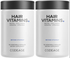 Codeage Hair Vitamins bottle highlighting 10k mcg biotin for hair support