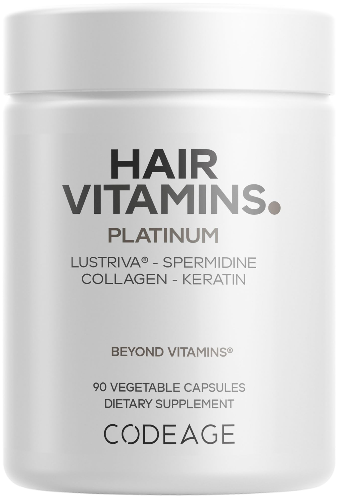 Codeage Hair Vitamins Platinum bottle front showcasing sleek packaging for daily hair support.