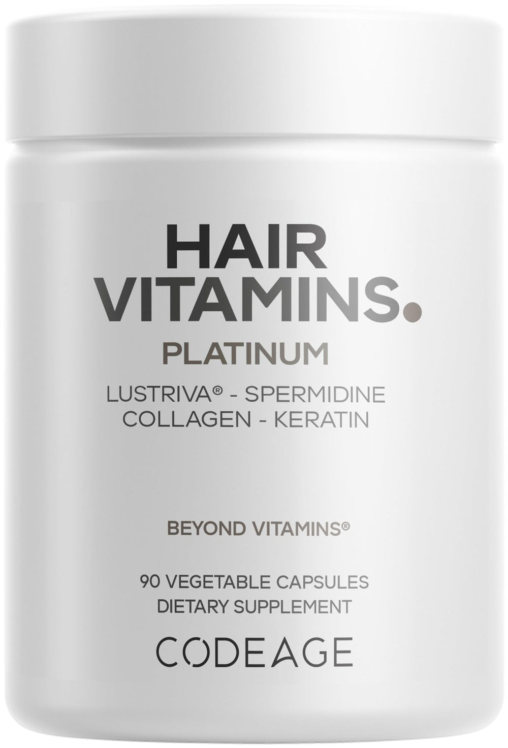 Codeage Hair Vitamins Platinum bottle front showcasing sleek packaging for daily hair support.