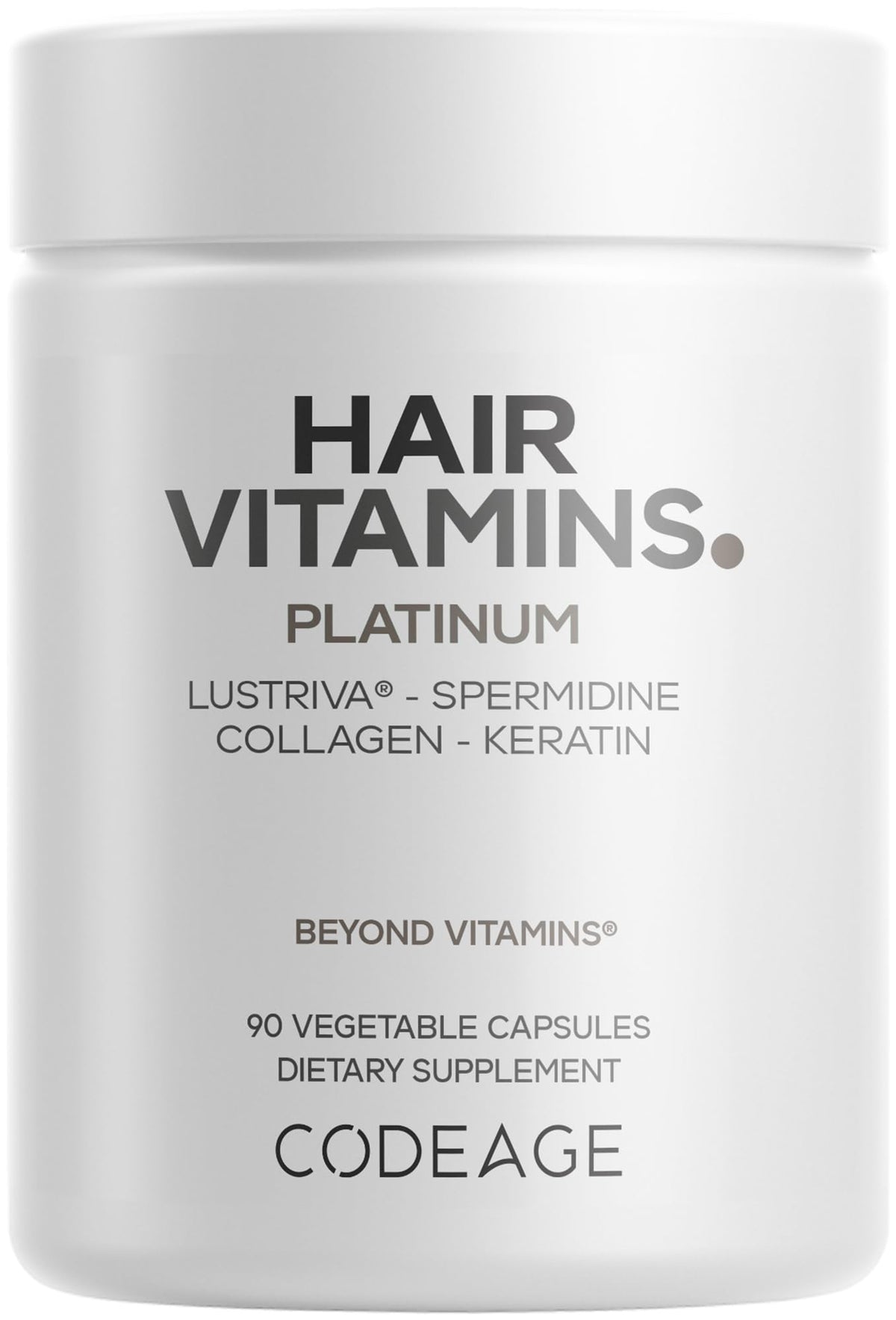 Codeage Hair Vitamins Platinum bottle front showcasing sleek packaging for daily hair support.