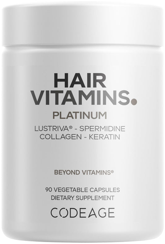 Codeage Hair Vitamins Platinum bottle front showcasing sleek packaging for daily hair support.