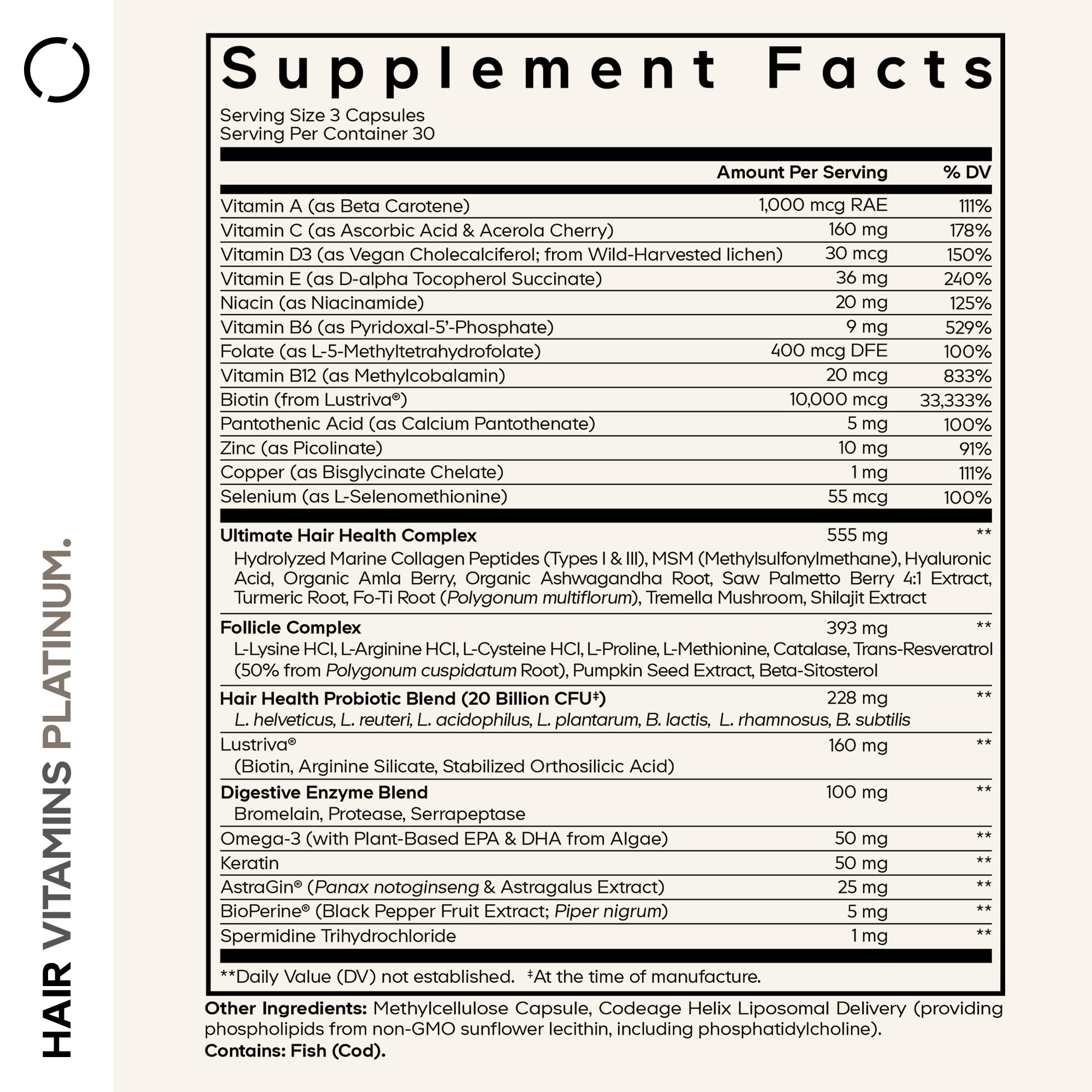 Codeage Hair Vitamins Platinum bottle side detail highlighting 90 capsules and serving size.