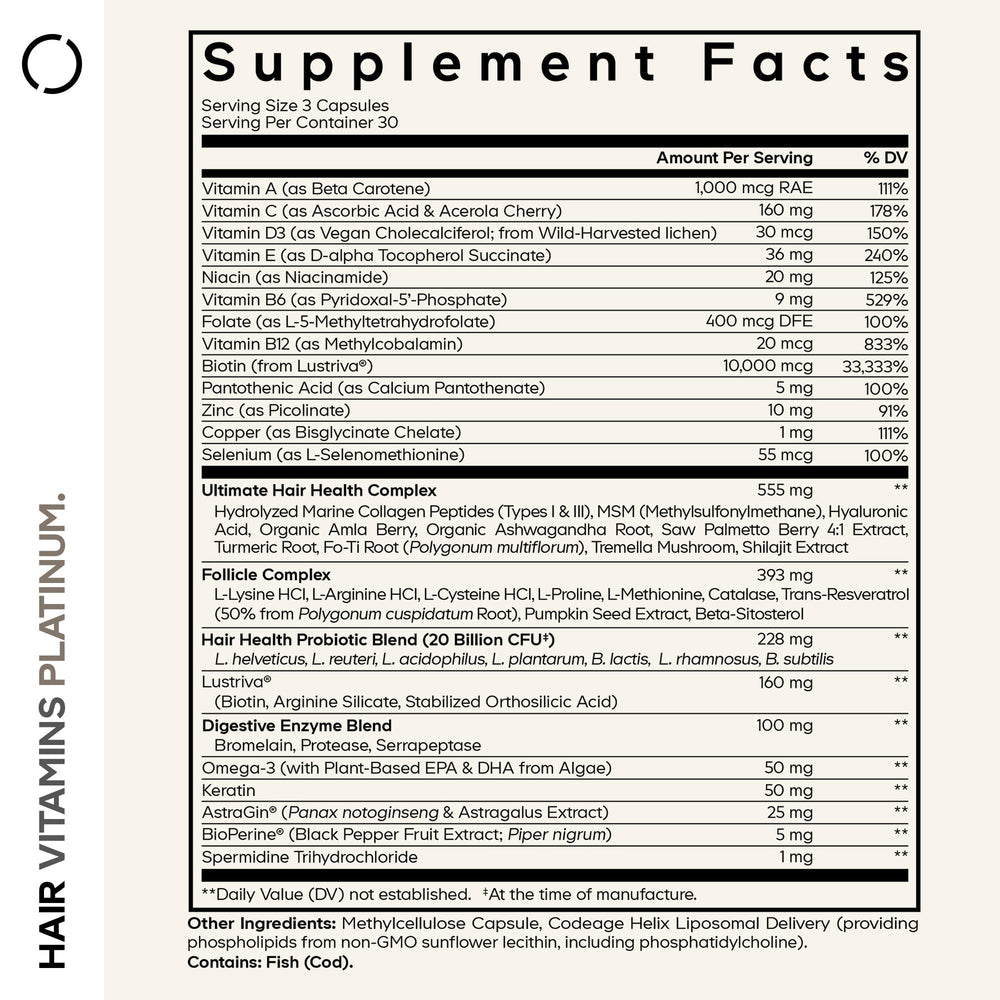 Codeage Hair Vitamins Platinum bottle side detail highlighting 90 capsules and serving size.