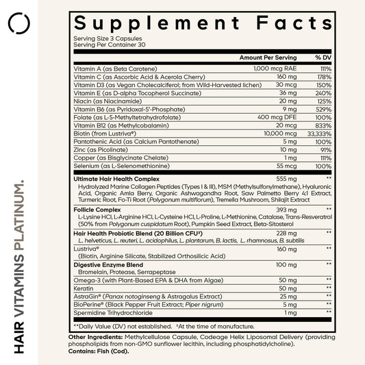 Codeage Hair Vitamins Platinum bottle side detail highlighting 90 capsules and serving size.