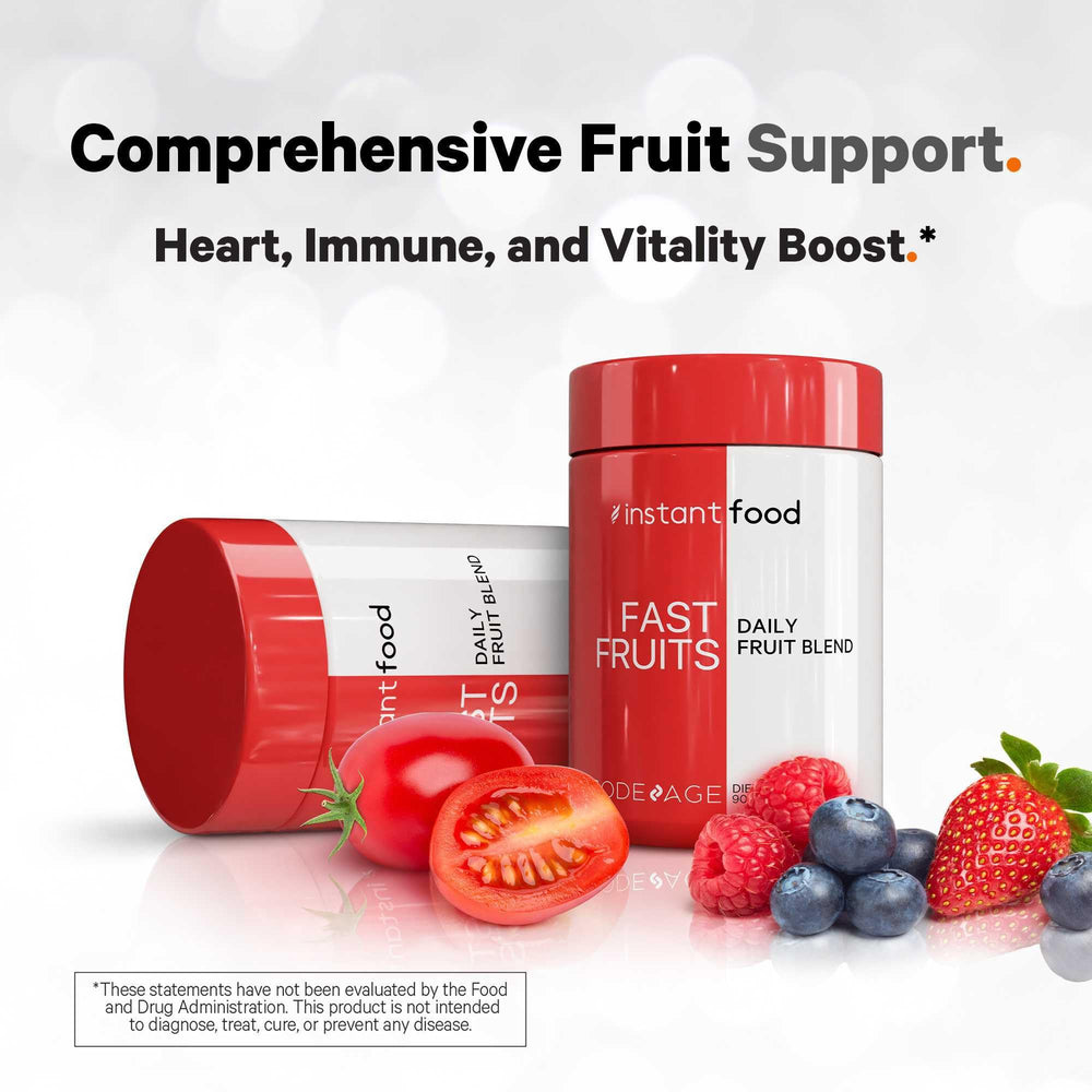 Codeage Instantfood Fast Fruits made in USA stamp signals quality and cGMP manufacturing.