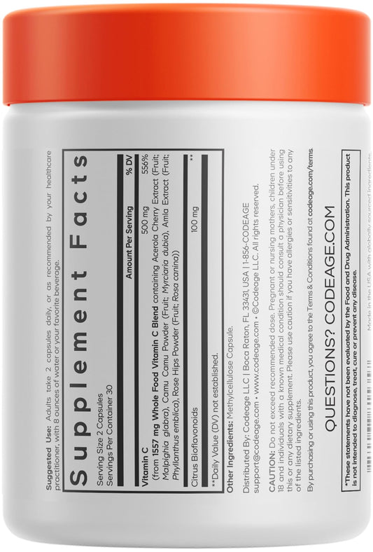 Codeage Vitamin C ingredients highlighting acerola, camu camu, amla, and rose hips