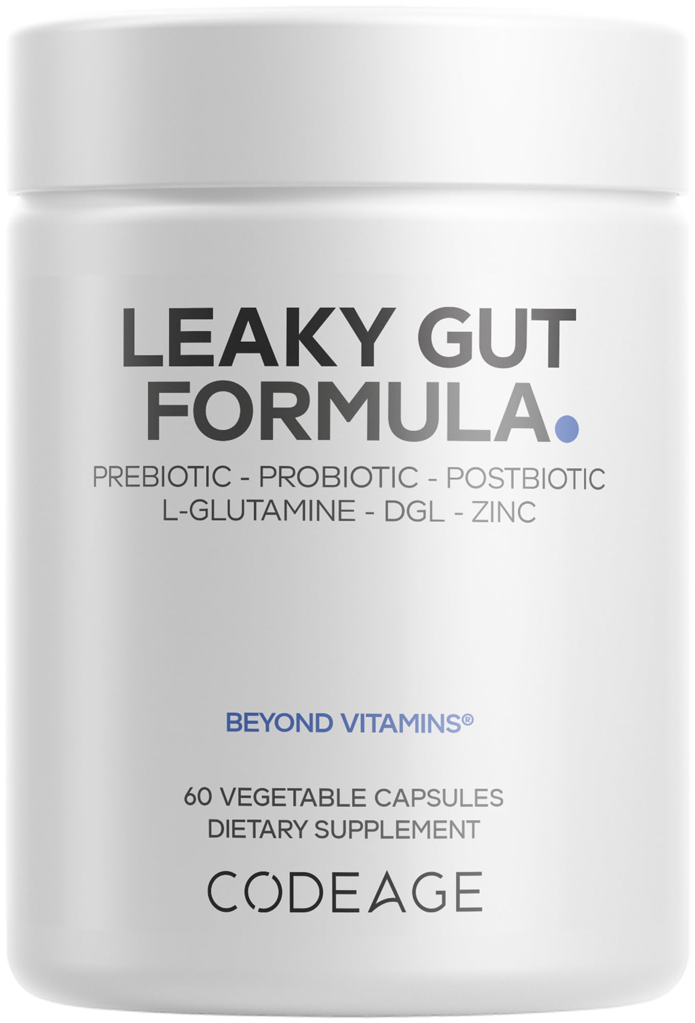 Codeage Leaky Gut bottle front with capsules for daily gut support.