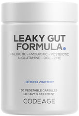 Codeage Leaky Gut bottle front with capsules for daily gut support.