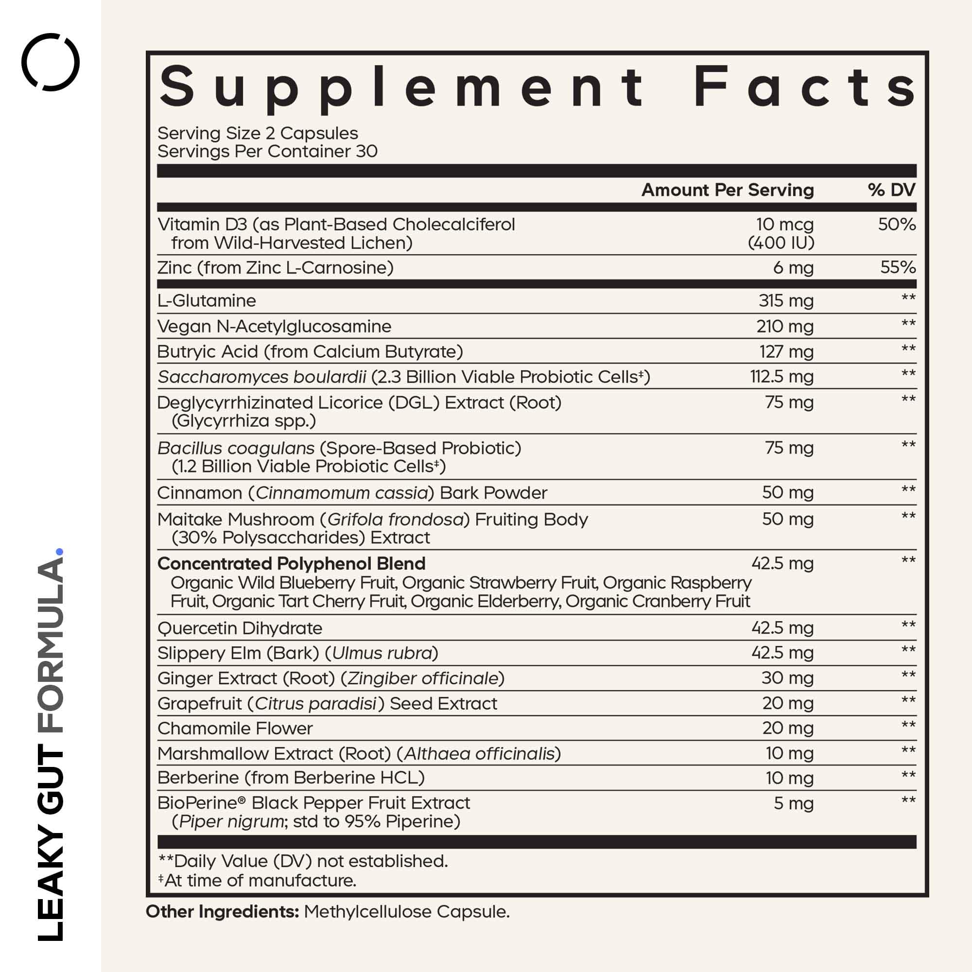 Codeage Leaky Gut bottle label close-up highlighting vegan and non-GMO claims.