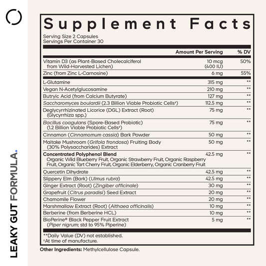 Codeage Leaky Gut bottle label close-up highlighting vegan and non-GMO claims.