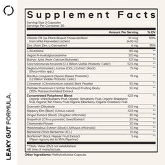 Codeage Leaky Gut bottle label close-up highlighting vegan and non-GMO claims.