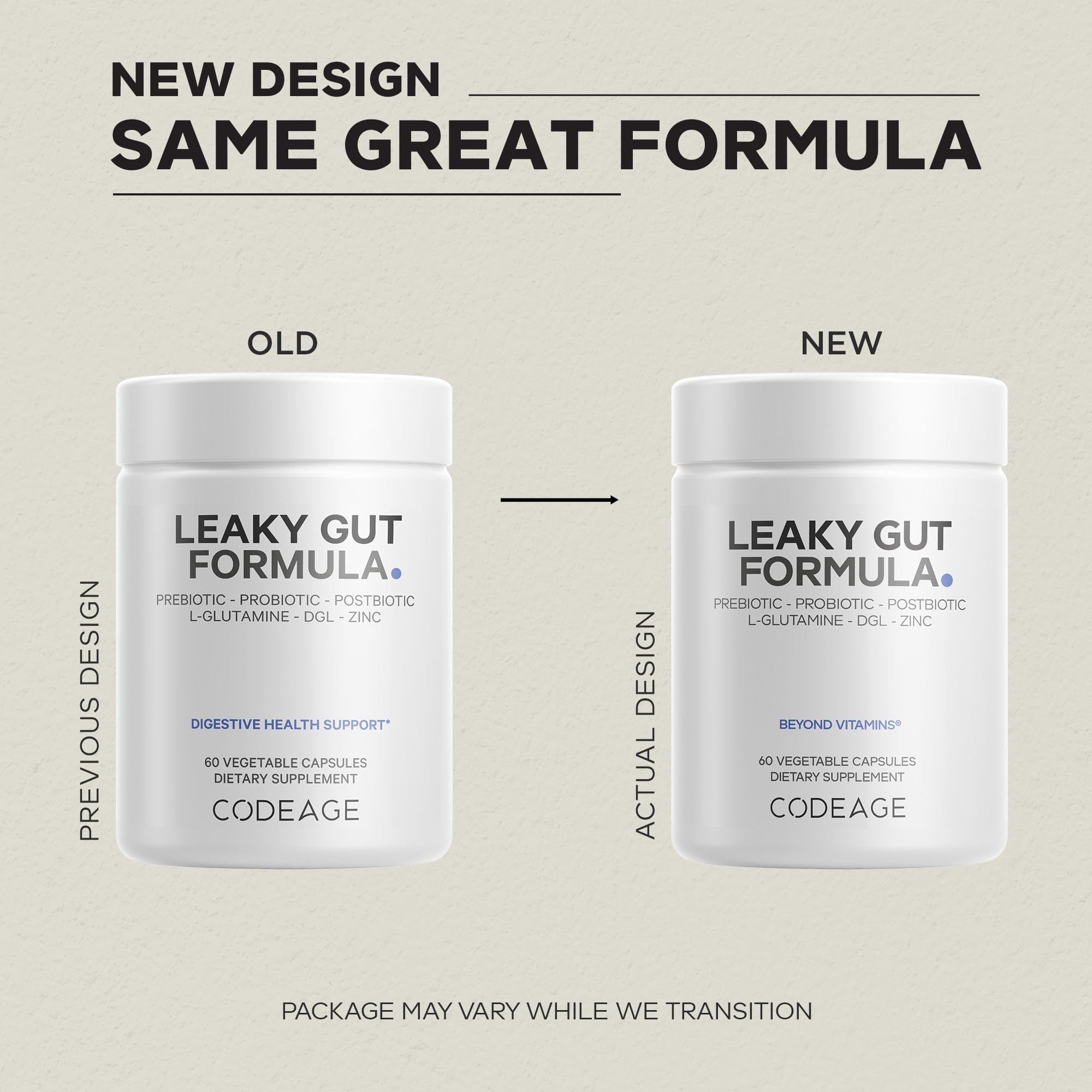 Codeage Leaky Gut capsules close-up showing smooth coating for easy swallowing.