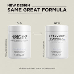 Codeage Leaky Gut capsules close-up showing smooth coating for easy swallowing.