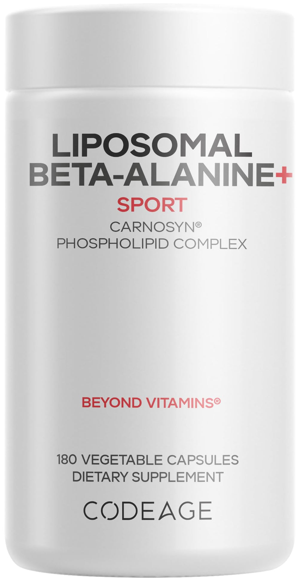 Codeage Liposomal Beta-Alanine bottle front view highlighting premium packaging for easy dosing.