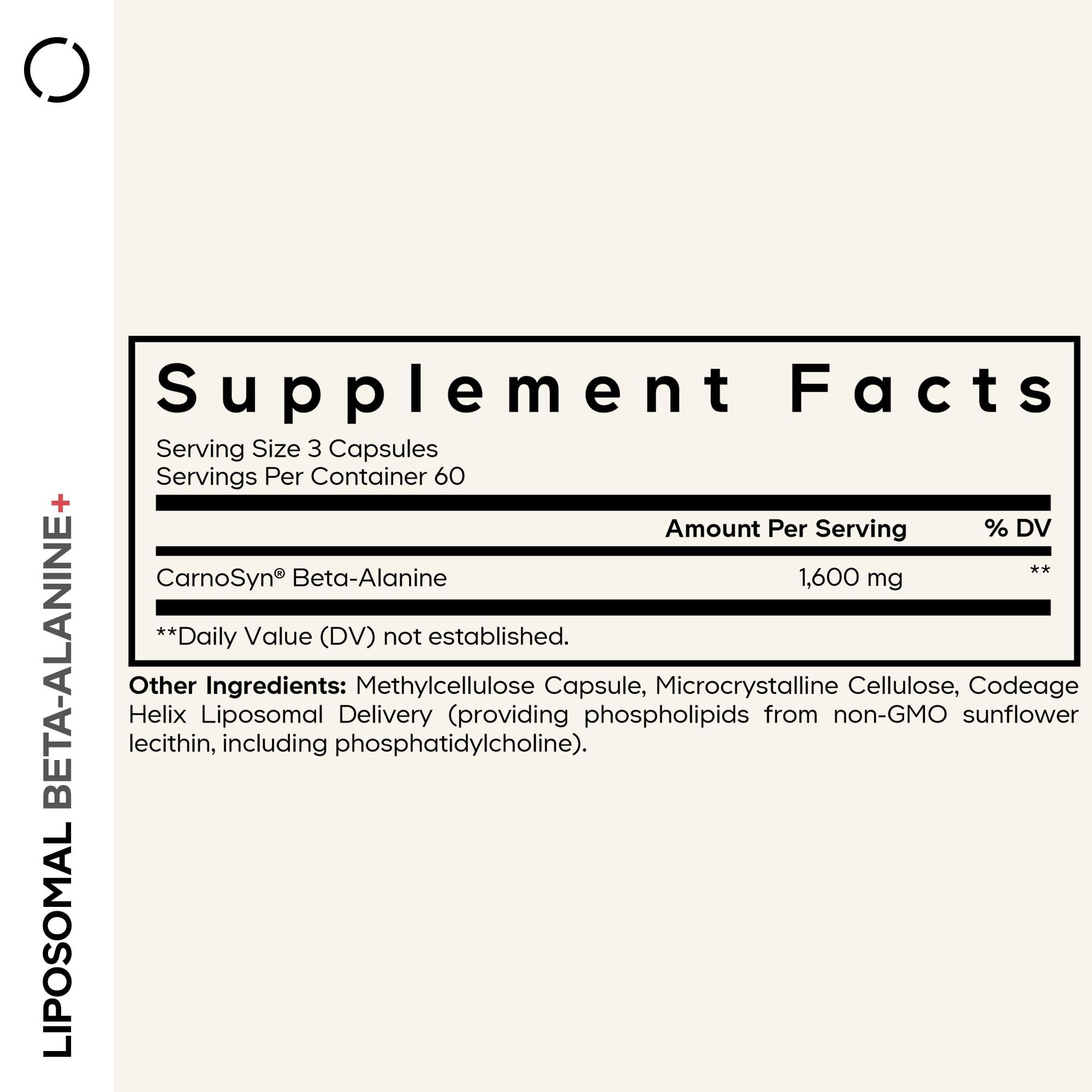 Codeage Liposomal Beta-Alanine label close-up emphasizing CarnoSyn Beta-Alanine quality.
