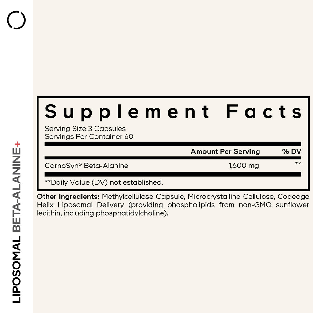 Codeage Liposomal Beta-Alanine label close-up emphasizing CarnoSyn Beta-Alanine quality.