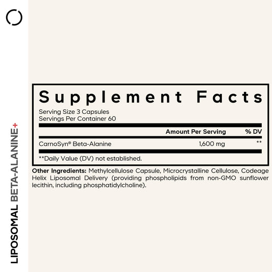 Codeage Liposomal Beta-Alanine label close-up emphasizing CarnoSyn Beta-Alanine quality.