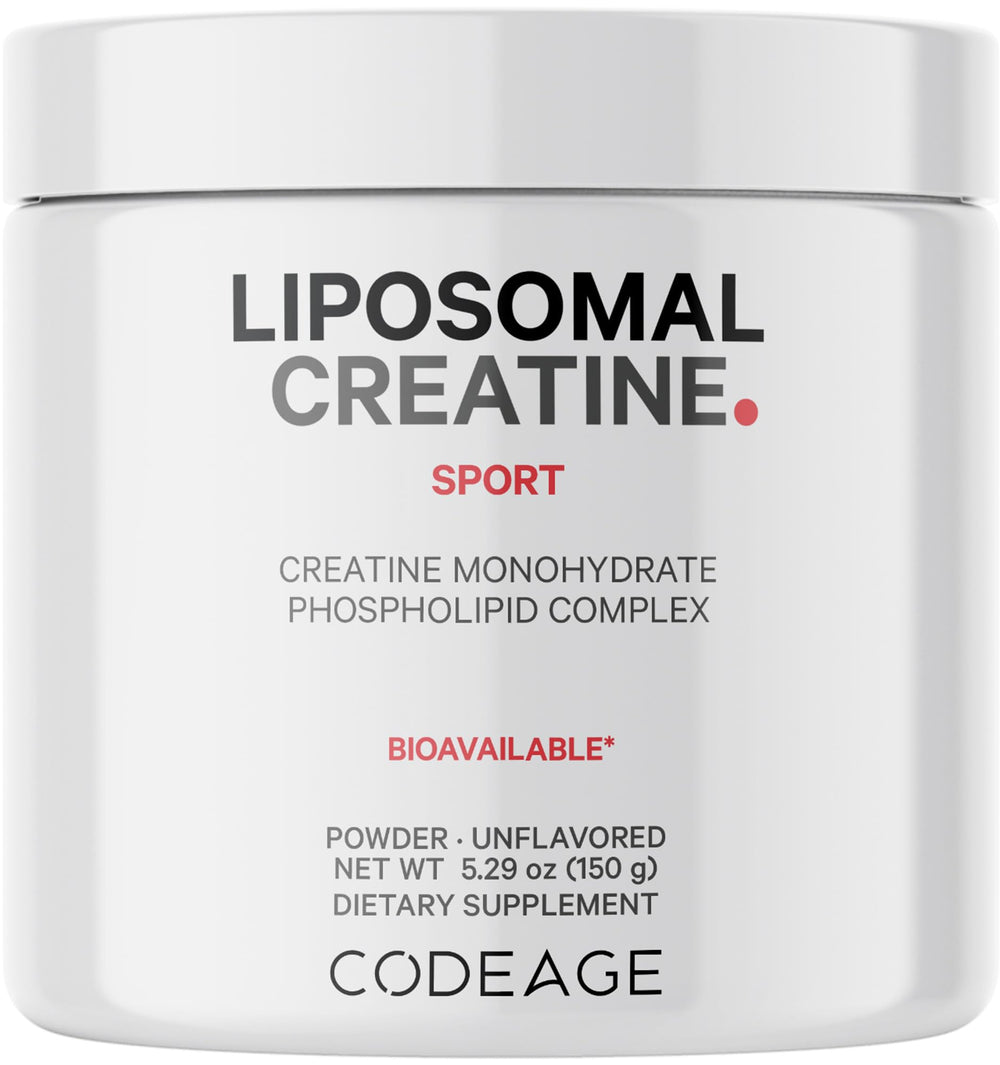 Codeage liposomal creatine powder jar highlights high potency for workouts.