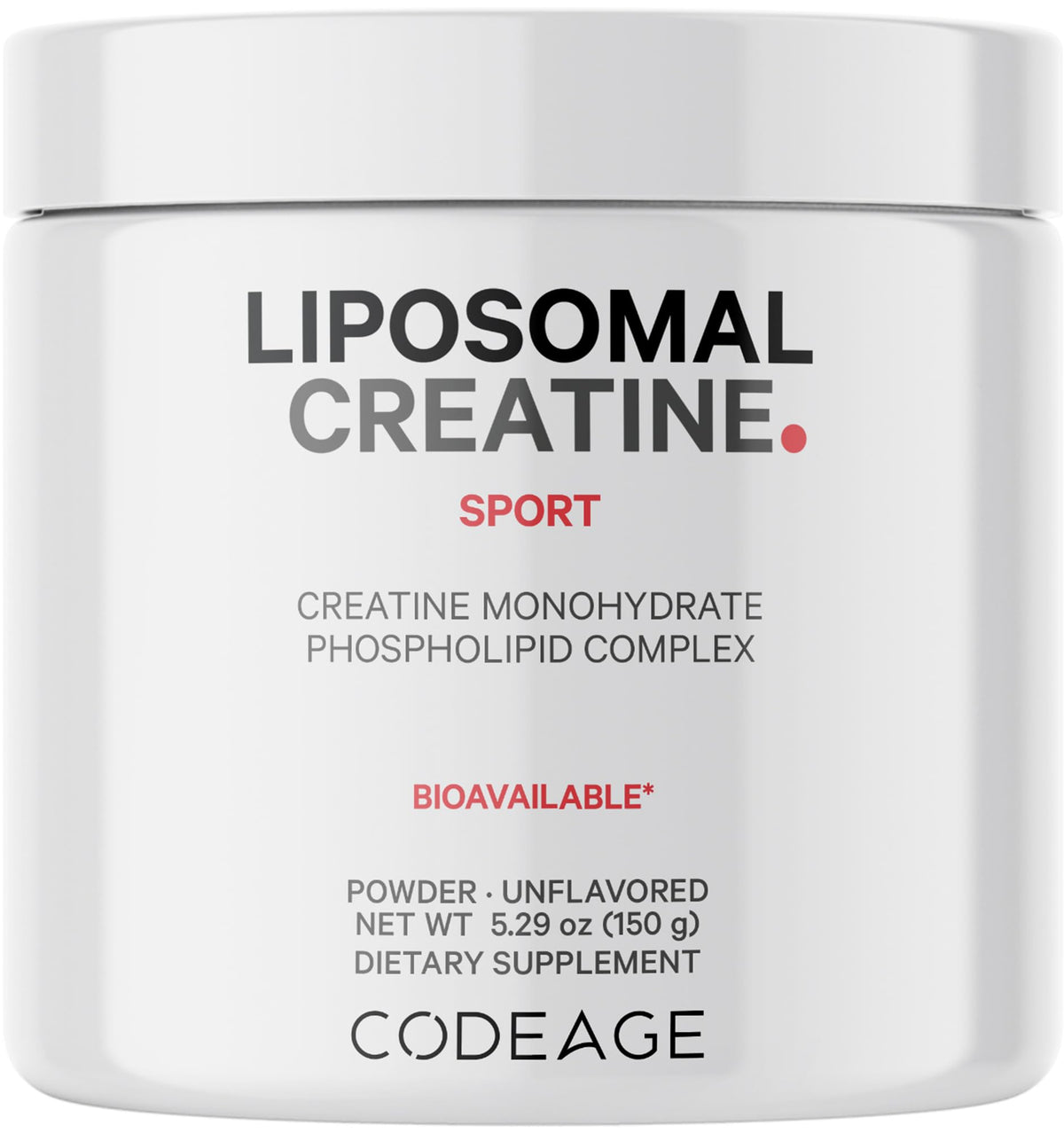 Codeage liposomal creatine powder jar highlights high potency for workouts.