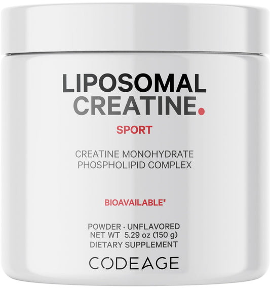 Codeage liposomal creatine powder jar highlights high potency for workouts.