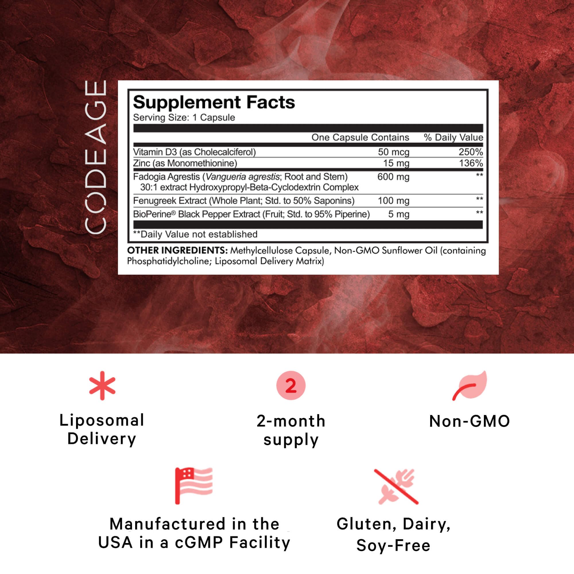 Codeage capsules close-up highlighting 600mg per serving and liposomal delivery