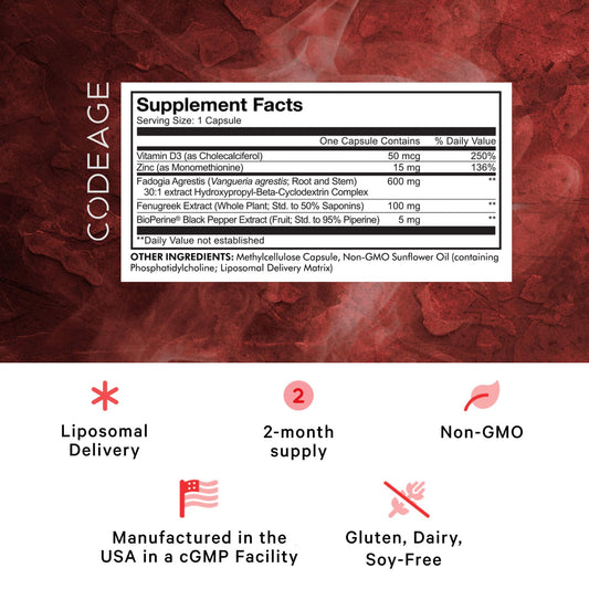 Codeage capsules close-up highlighting 600mg per serving and liposomal delivery