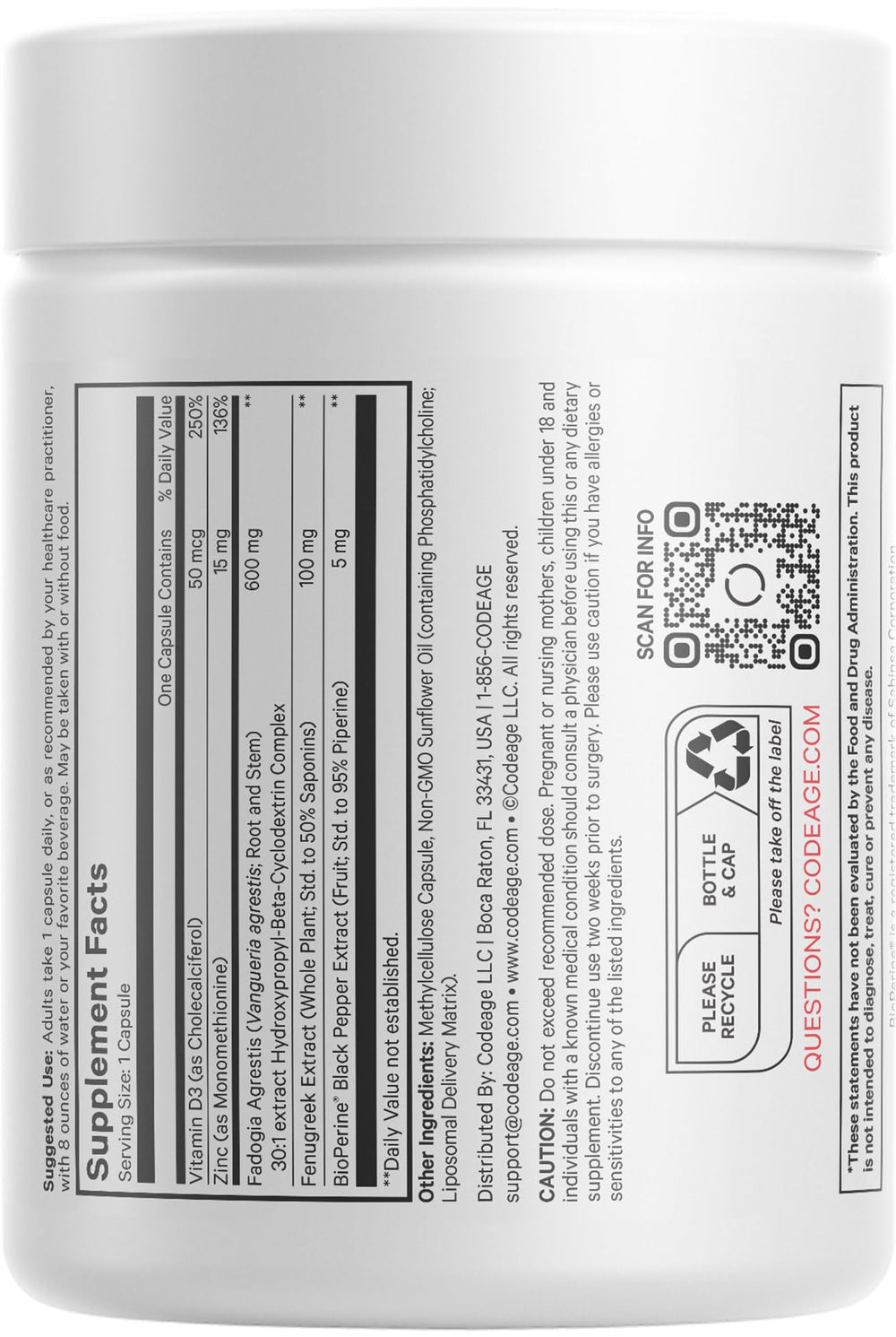 Codeage Liposomal Fadogia Agrestis label detail showing non-GMO and USA manufacturing