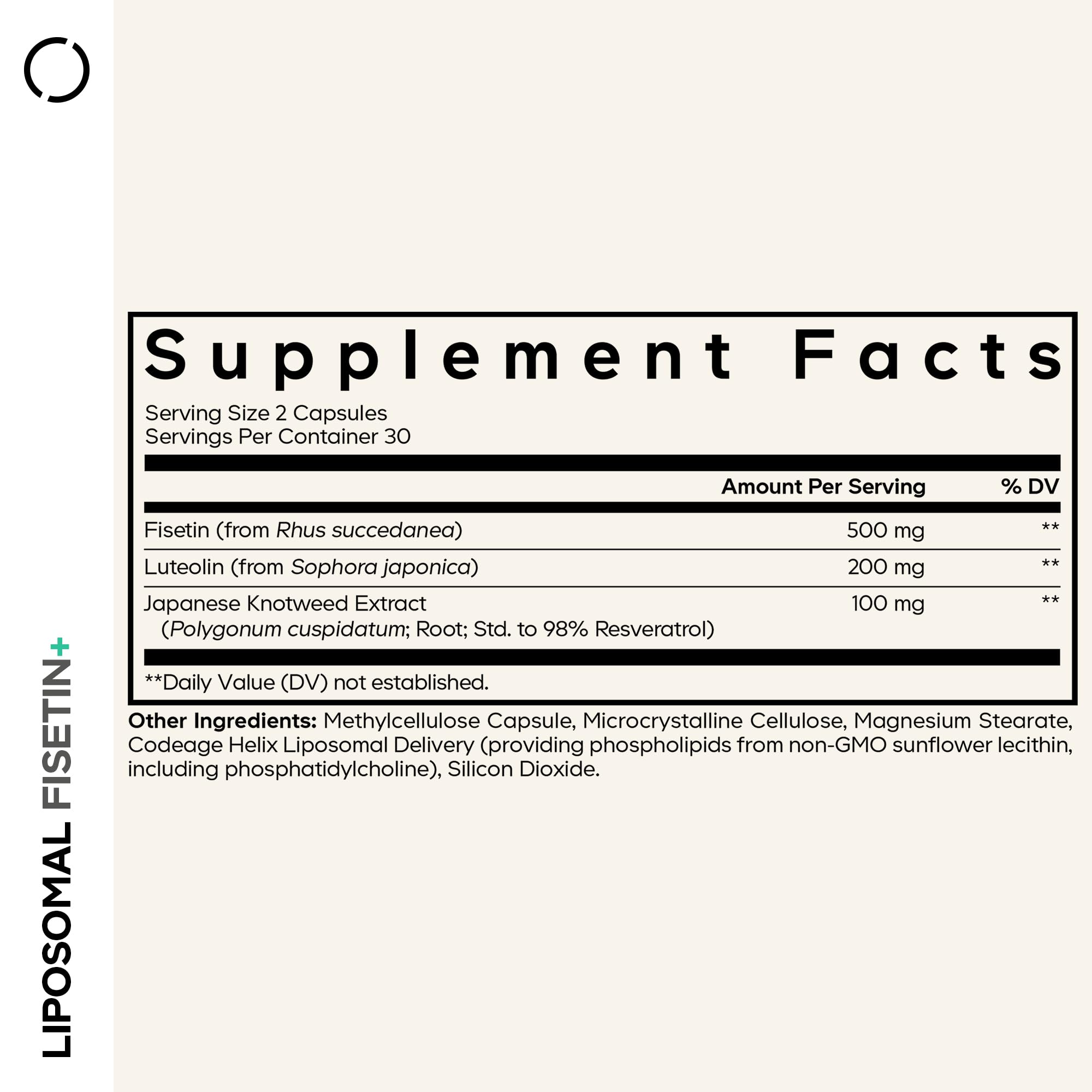 Close-up of Codeage fisetin capsules emphasizing vegan non-GMO formulation