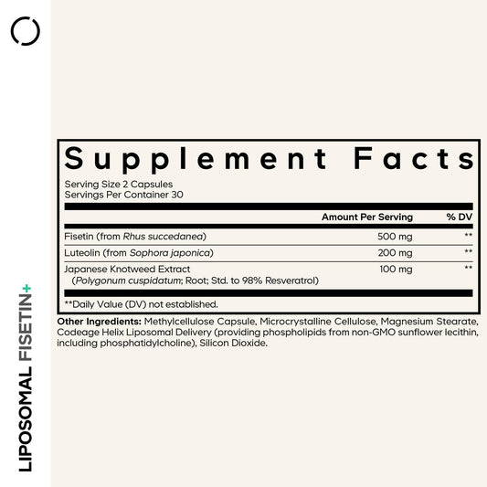 Close-up of Codeage fisetin capsules emphasizing vegan non-GMO formulation