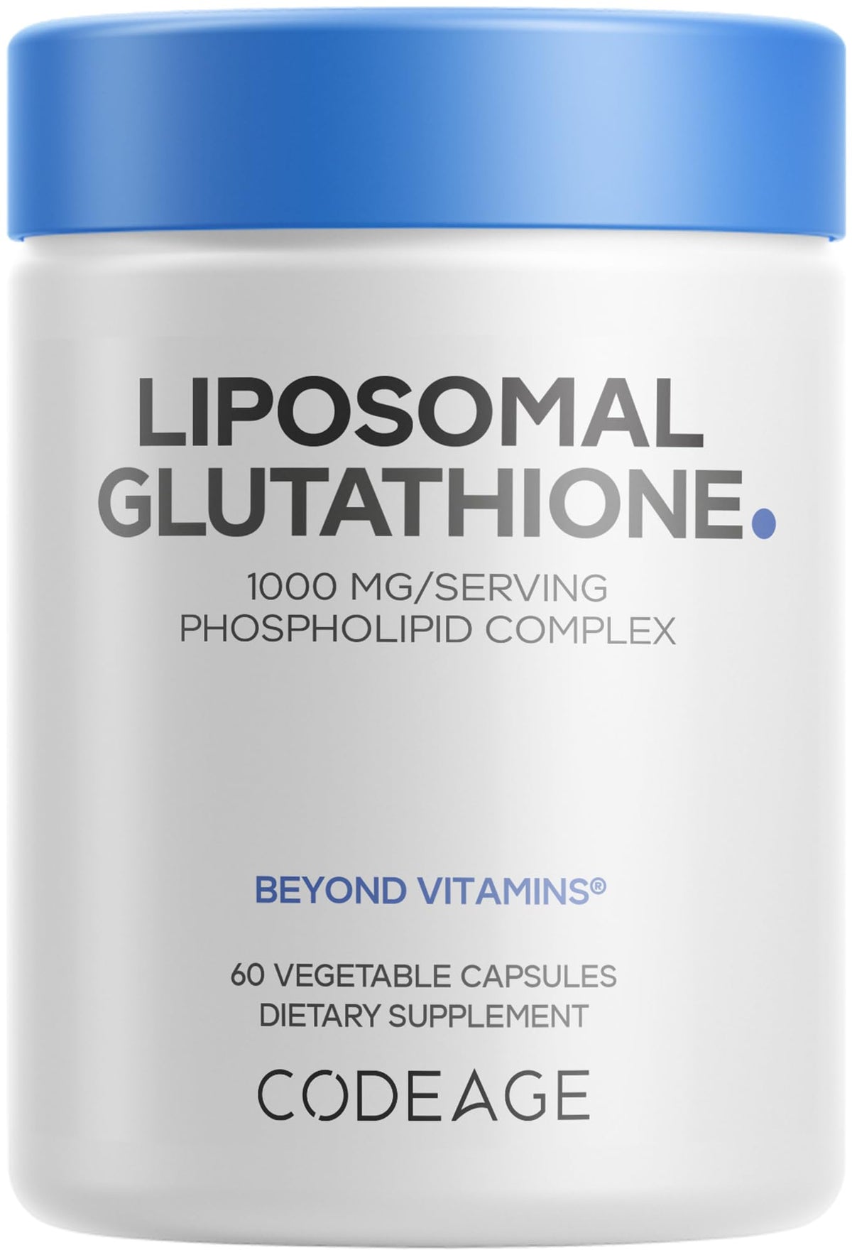 Codeage liposomal glutathione 1000 mg bottle-front suggests high-potency supplement for daily wellness.
