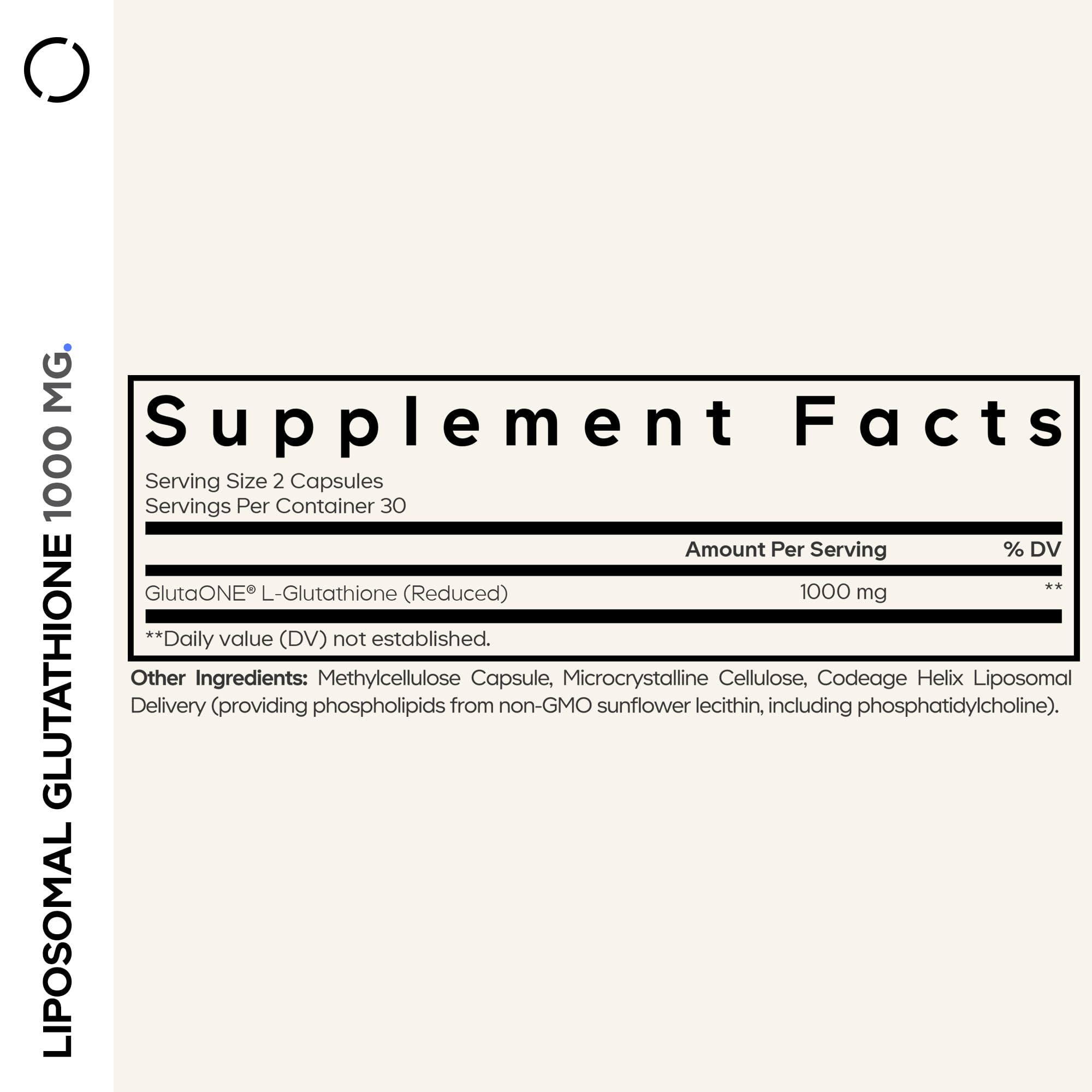 Codeage liposomal glutathione 1000 mg capsules on a clear tray highlights potent delivery benefits.