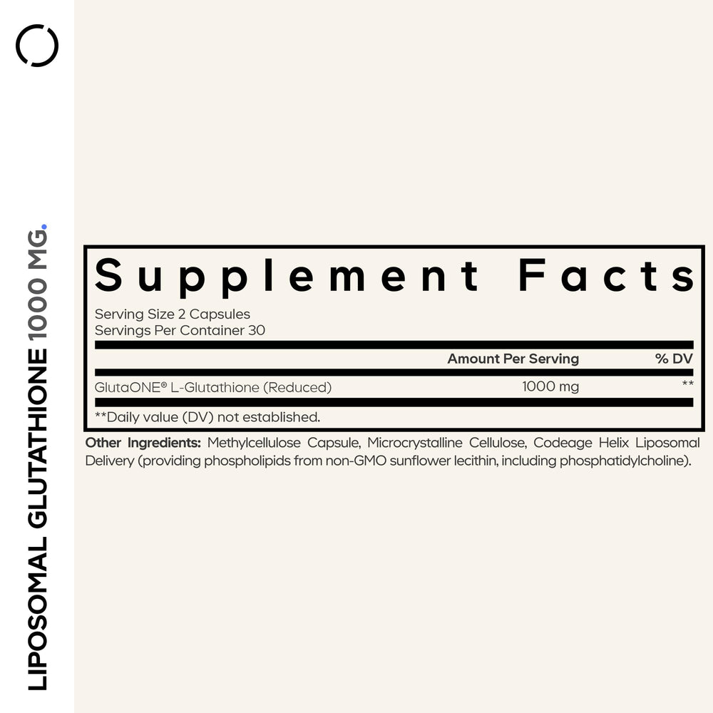 Codeage liposomal glutathione 1000 mg capsules on a clear tray highlights potent delivery benefits.