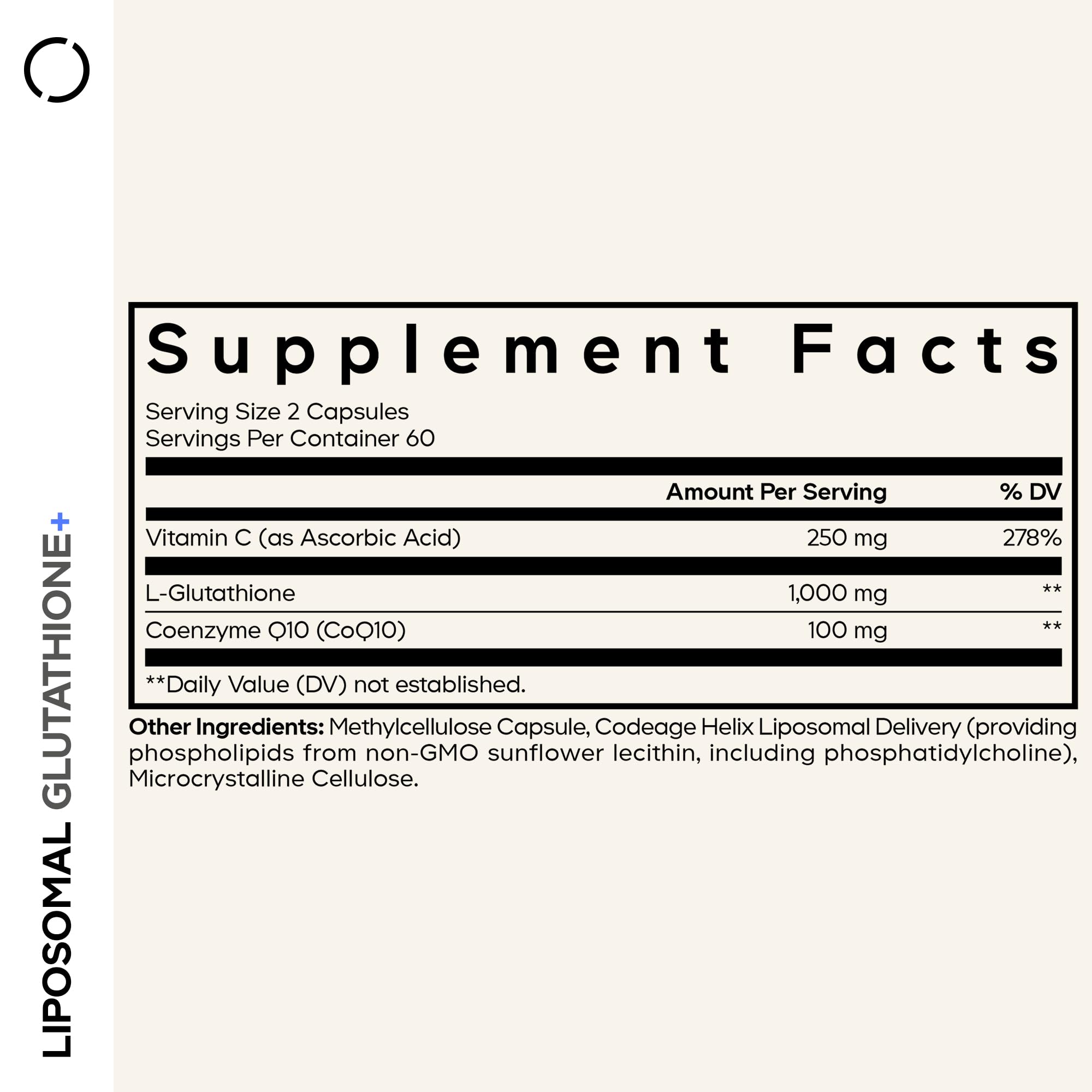 Codeage Liposomal Glutathione+ bottle back with allergen-free formula details for sensitive users.