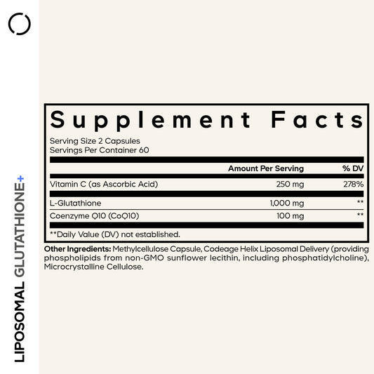 Codeage Liposomal Glutathione+ bottle back with allergen-free formula details for sensitive users.