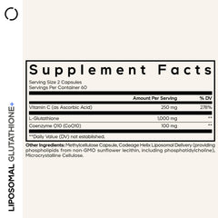 Codeage Liposomal Glutathione+ bottle back with allergen-free formula details for sensitive users.