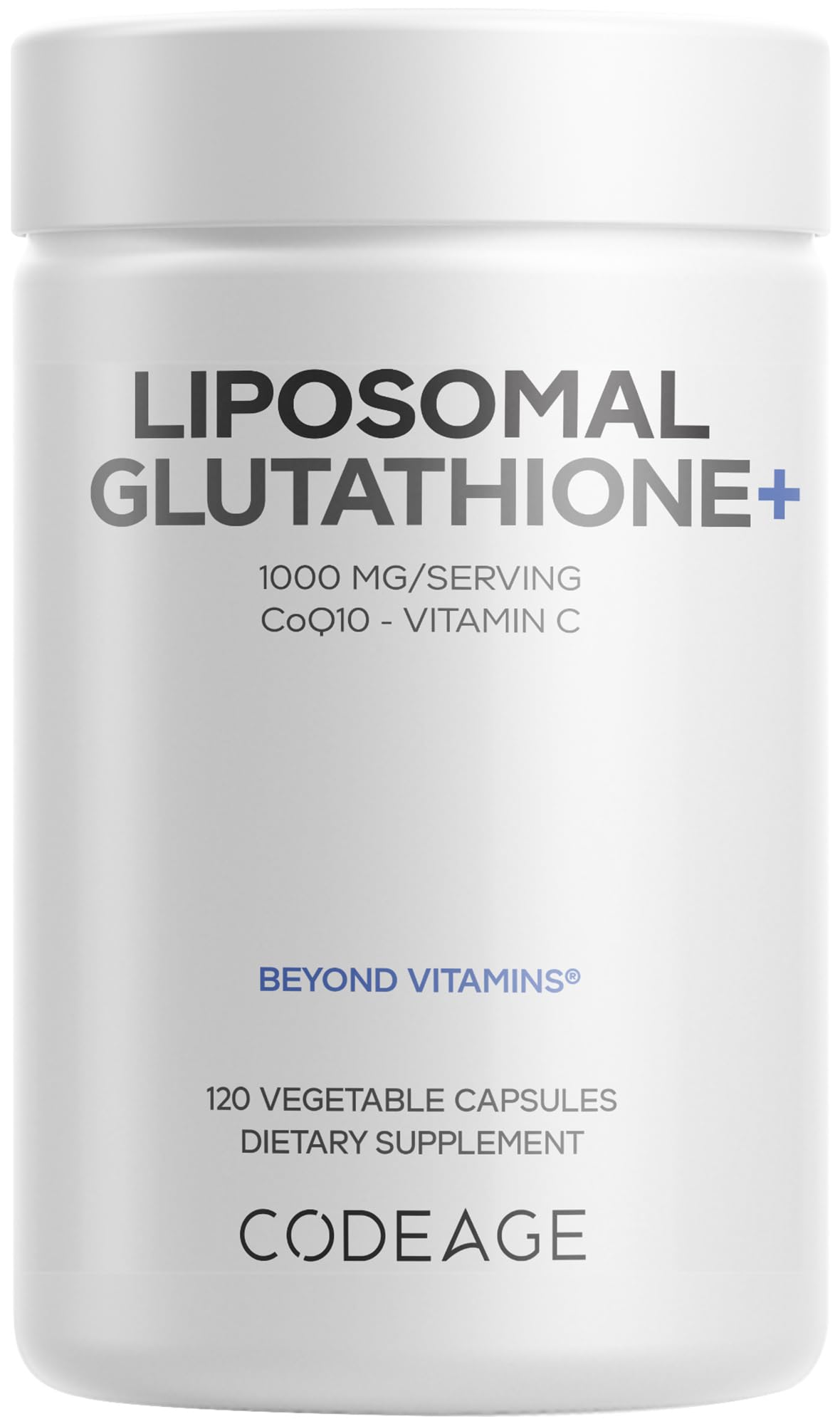 Codeage Liposomal Glutathione+ bottle front showing 1000 mg glutathione for antioxidant support.