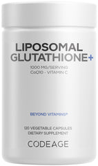 Codeage Liposomal Glutathione+ bottle front showing 1000 mg glutathione for antioxidant support.