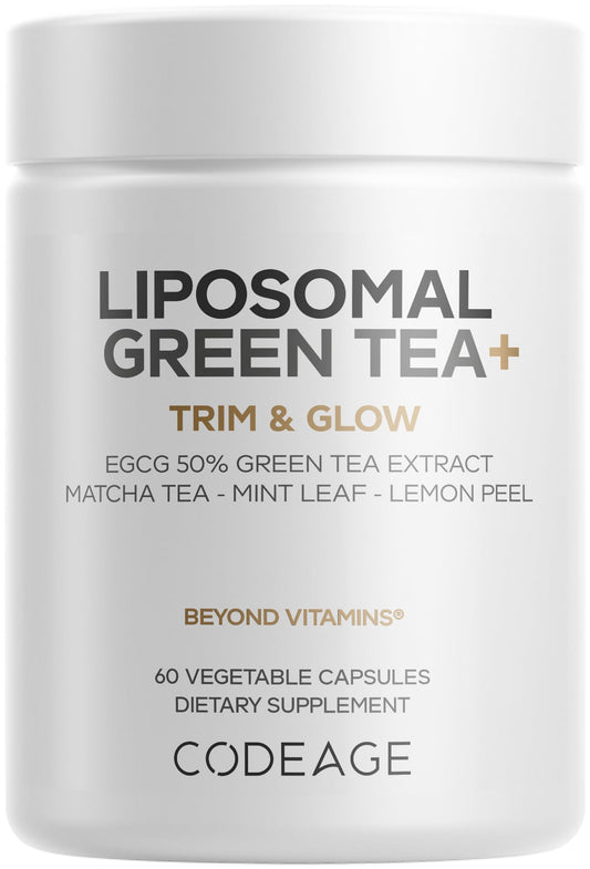 Codeage Liposomal Green Tea+ bottle showcases liposomal delivery for enhanced absorption.