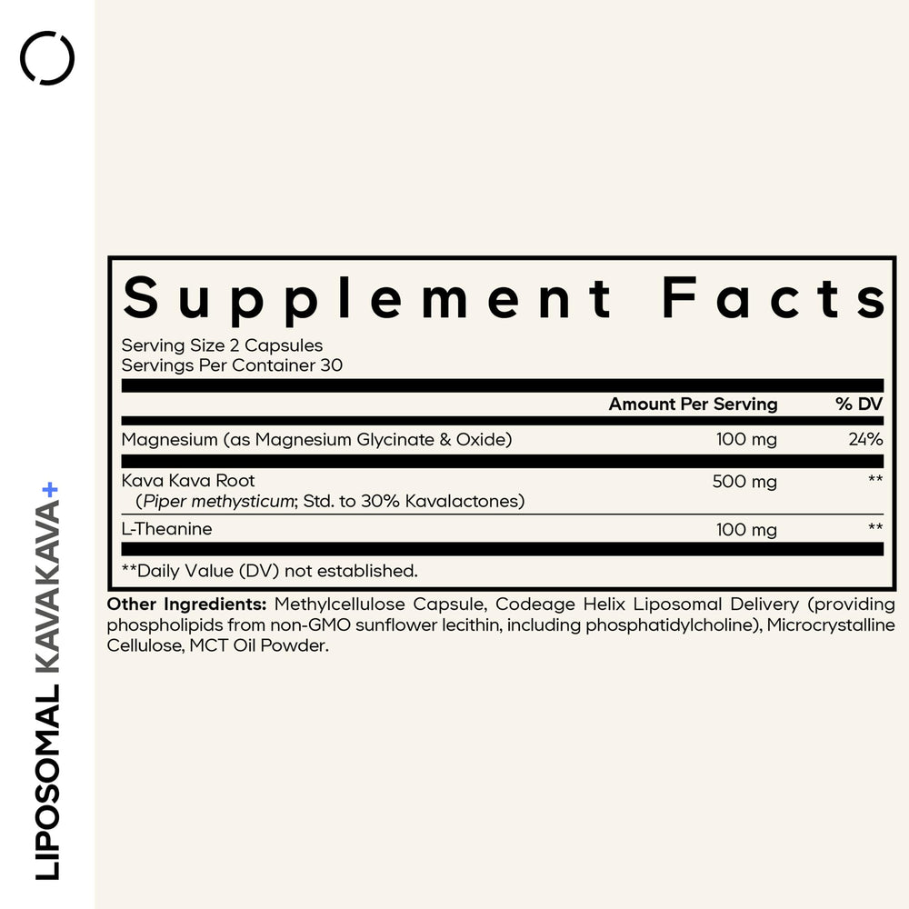 Codeage Liposomal Kava Kava capsules arranged for consumption and daily use