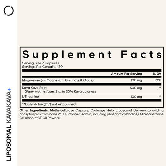 Codeage Liposomal Kava Kava capsules arranged for consumption and daily use