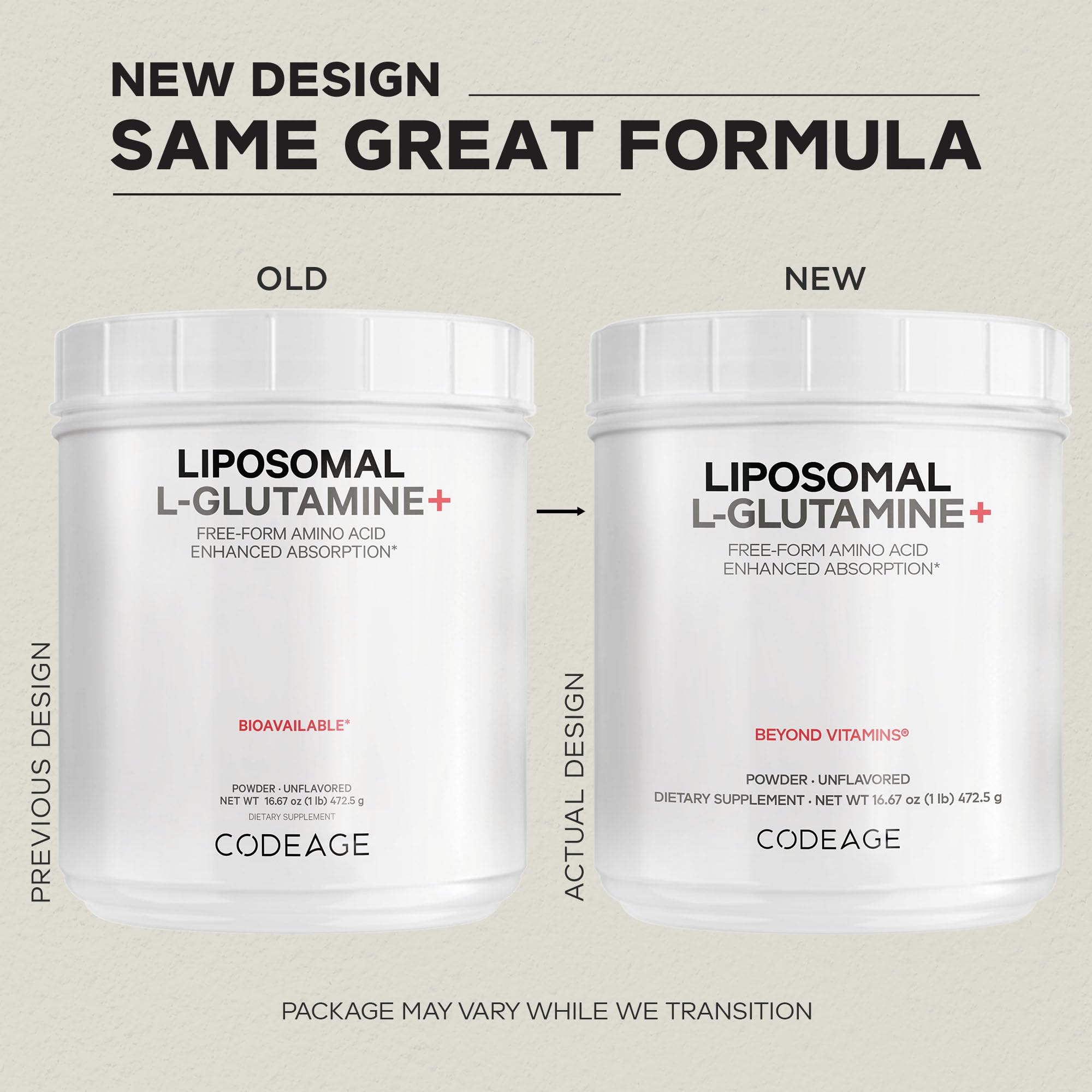 Codeage Liposomal L-Glutamine label close-up shows unflavored formula.
