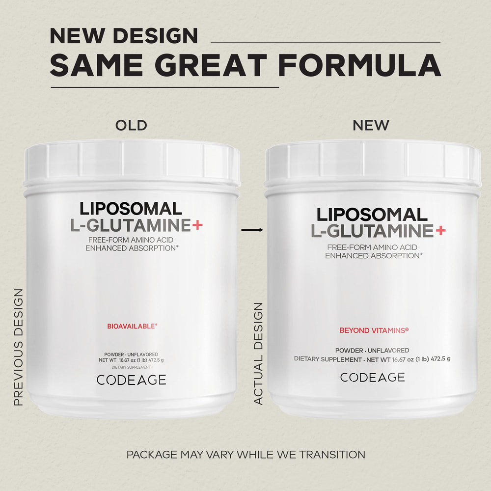 Codeage Liposomal L-Glutamine label close-up shows unflavored formula.