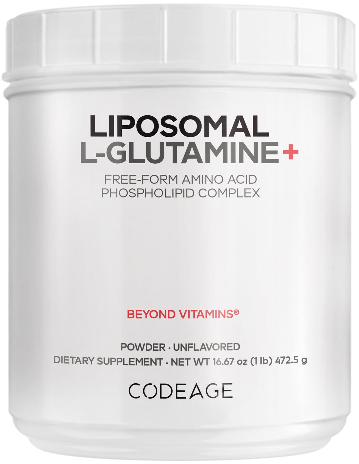 Codeage Liposomal L-Glutamine bottle front highlighting high-potency powder for easy mixing.