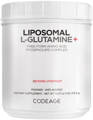 Codeage Liposomal L-Glutamine bottle front highlighting high-potency powder for easy mixing.