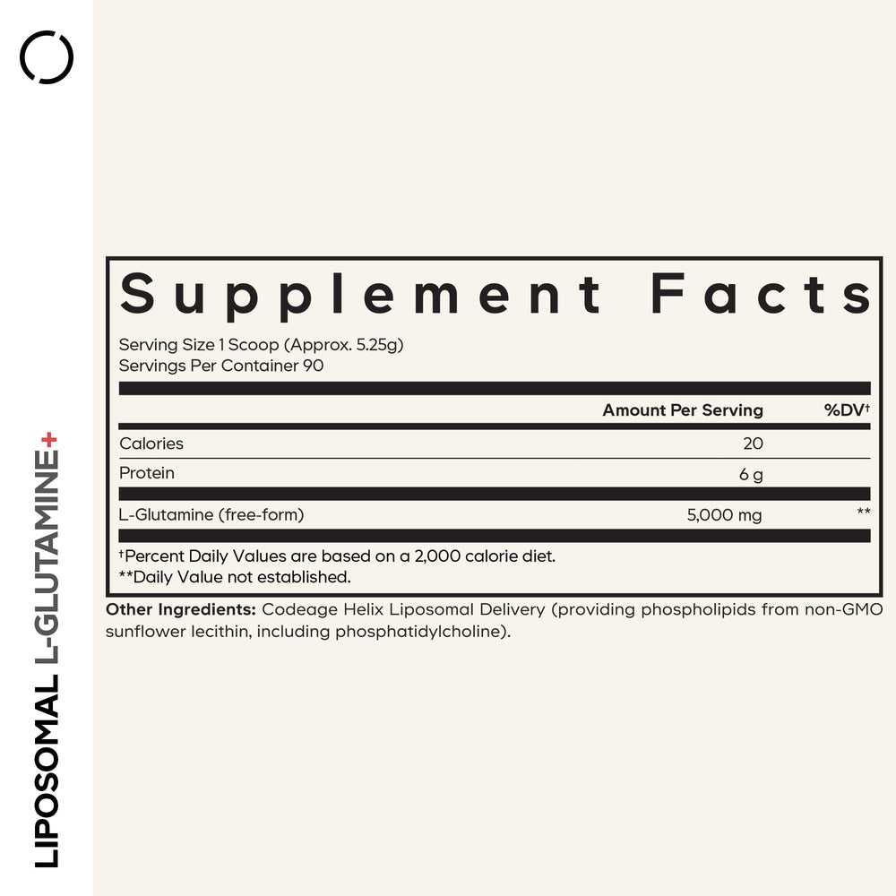 Codeage Liposomal L-Glutamine scoop beside the jar for precise dosing.