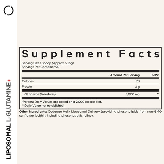 Codeage Liposomal L-Glutamine scoop beside the jar for precise dosing.