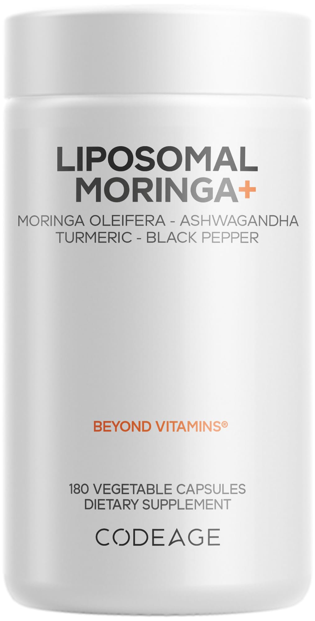 Codeage Liposomal Moringa+ bottle front for daily vegan wellness.