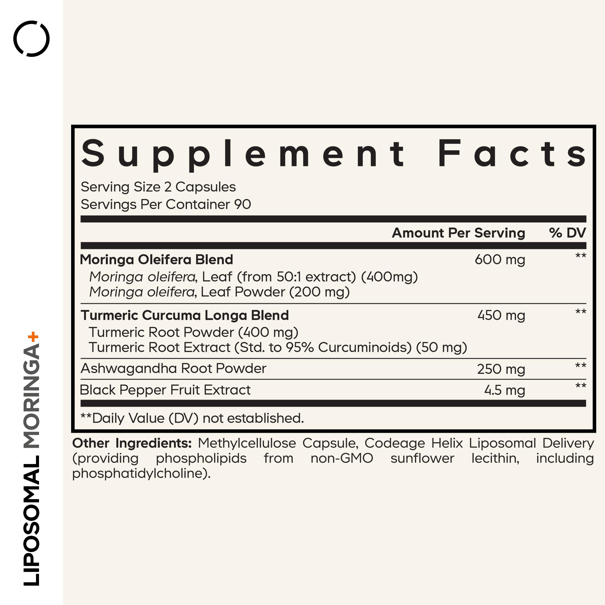 Codeage Liposomal Moringa+ capsules closeup showing convenient capsules.