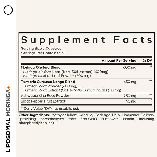 Codeage Liposomal Moringa+ capsules closeup showing convenient capsules.