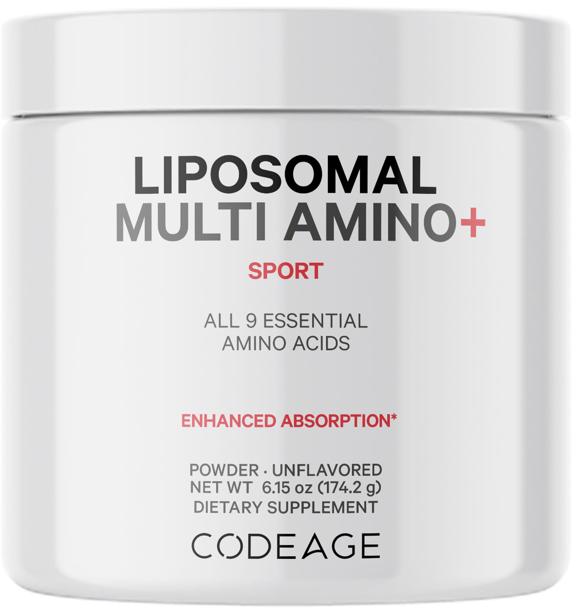 Codeage Liposomal Multi Amino+ bottle supports daily essential amino intake.